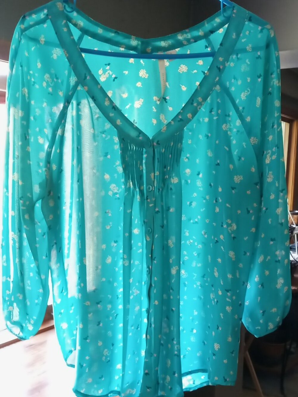 LC Lauren Conrad Women's Sz L Turquoise Blue Floral Semi-Sheer Blouse 3/4 Sleeve - Picture 8 of 15